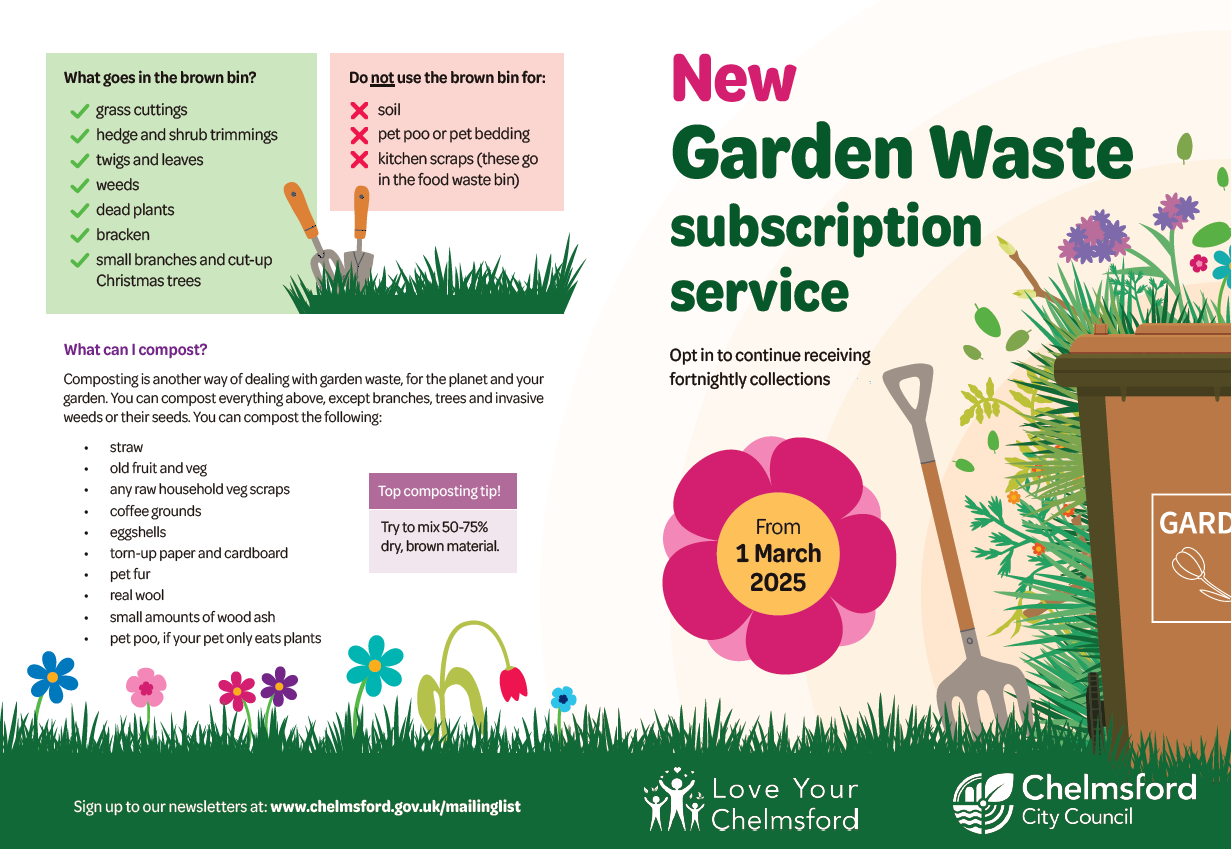 A flyer promoting a new garden waste subscription service starting March 1, 2025, with instructions on what garden waste to include or not include in the bin, a list of compostable items, and contact information for Chelmsford City Council.