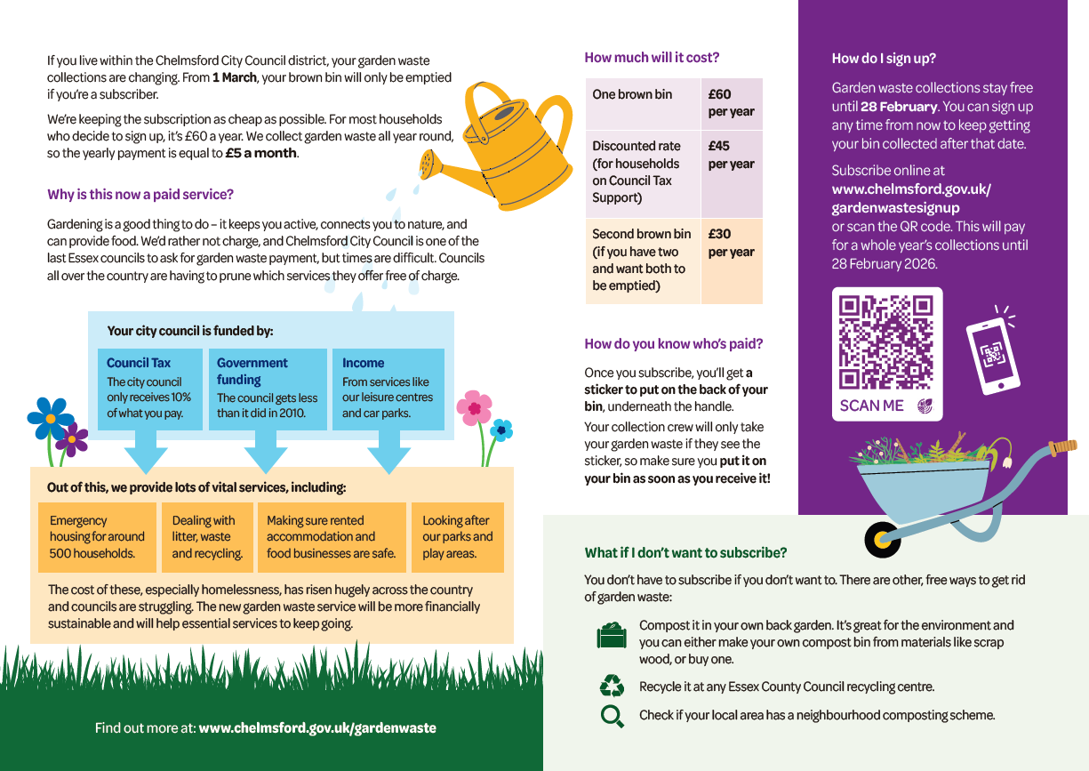 Information flyer about garden waste collection and subscription in Chelmsford, including costs, benefits, and how to sign up online or by QR code. Features illustrations of a watering can, flowers, and a wheelbarrow.