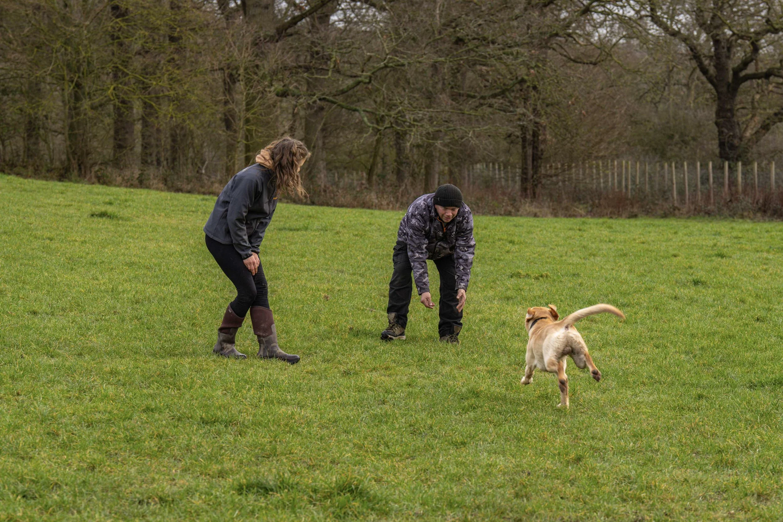 Two people encouraging a recall with a dog on a grassy field with trees in the background. Alice here is coaching the client on how to get a sucsucssful recall.