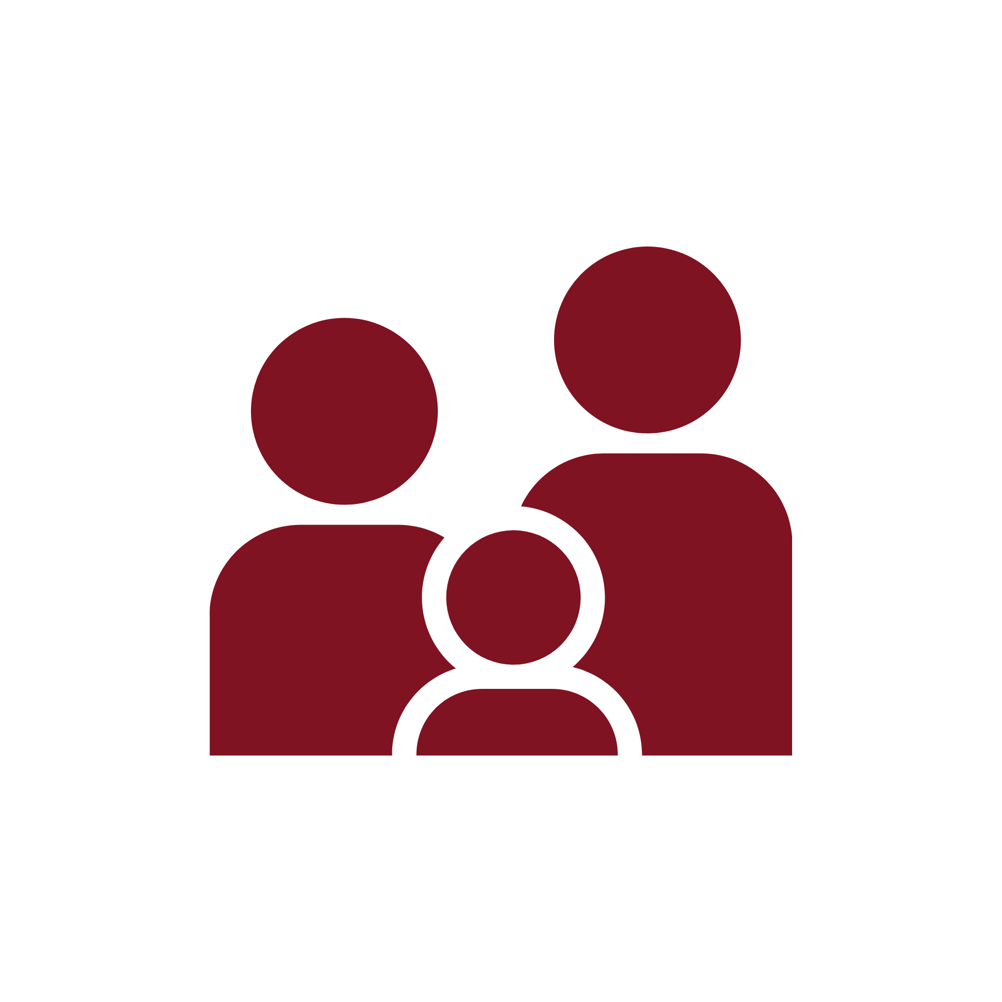 Icon of a family with two adults and one child, depicted in maroon on a black background.