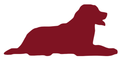 Silhouette of a dog lying down, facing right, in a maroon color.