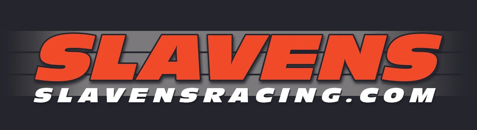 Logo for Slavens Racing, featuring large red and white text on a dark background.