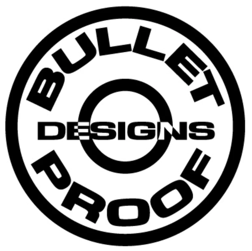 Logo with the words "BULLSET PROOF DESIGNS" in a circular design in black and white.