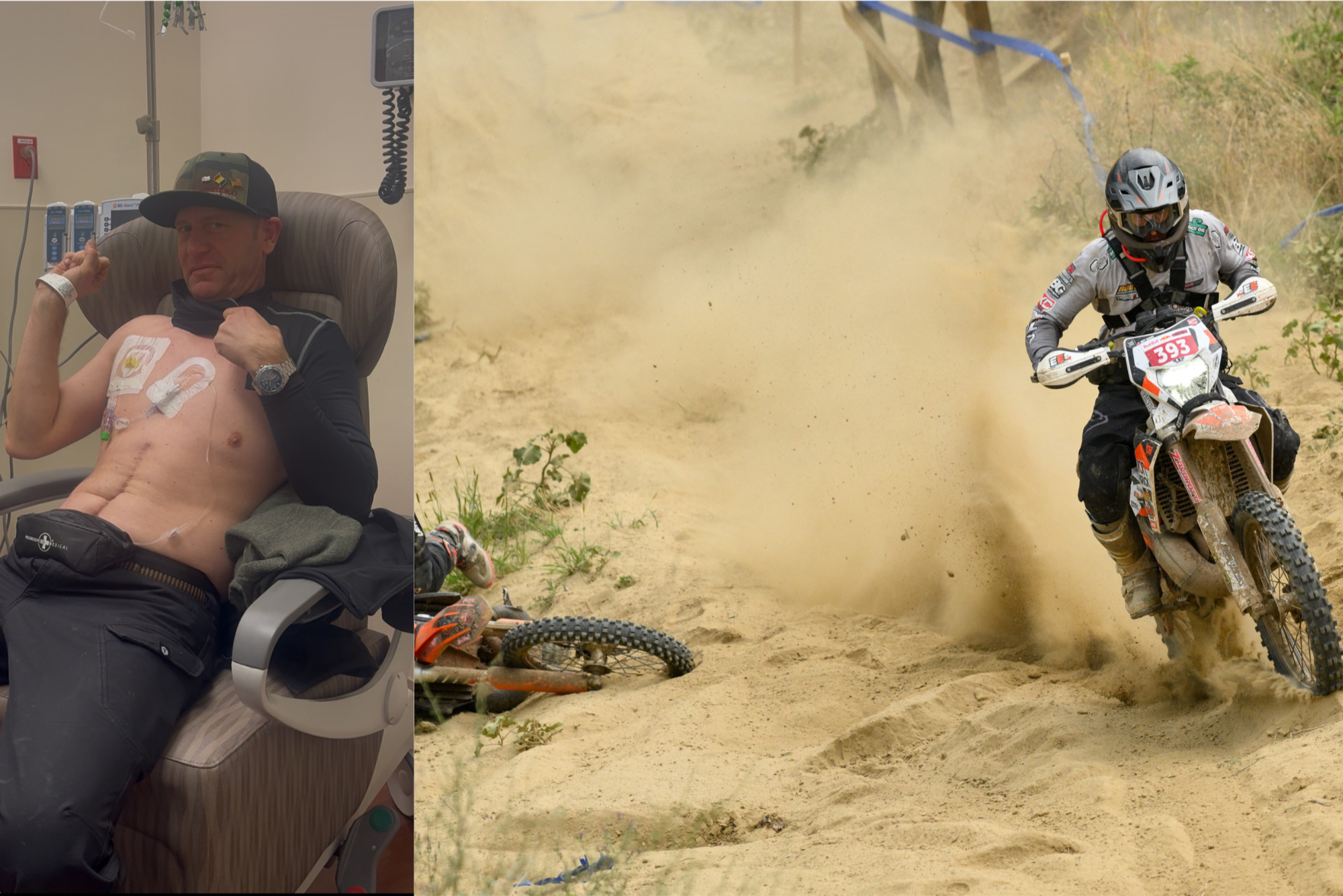 A man with a hospital bandage on his chest sitting in a hospital room, and a dirt bike rider kicking up dust on a trail.