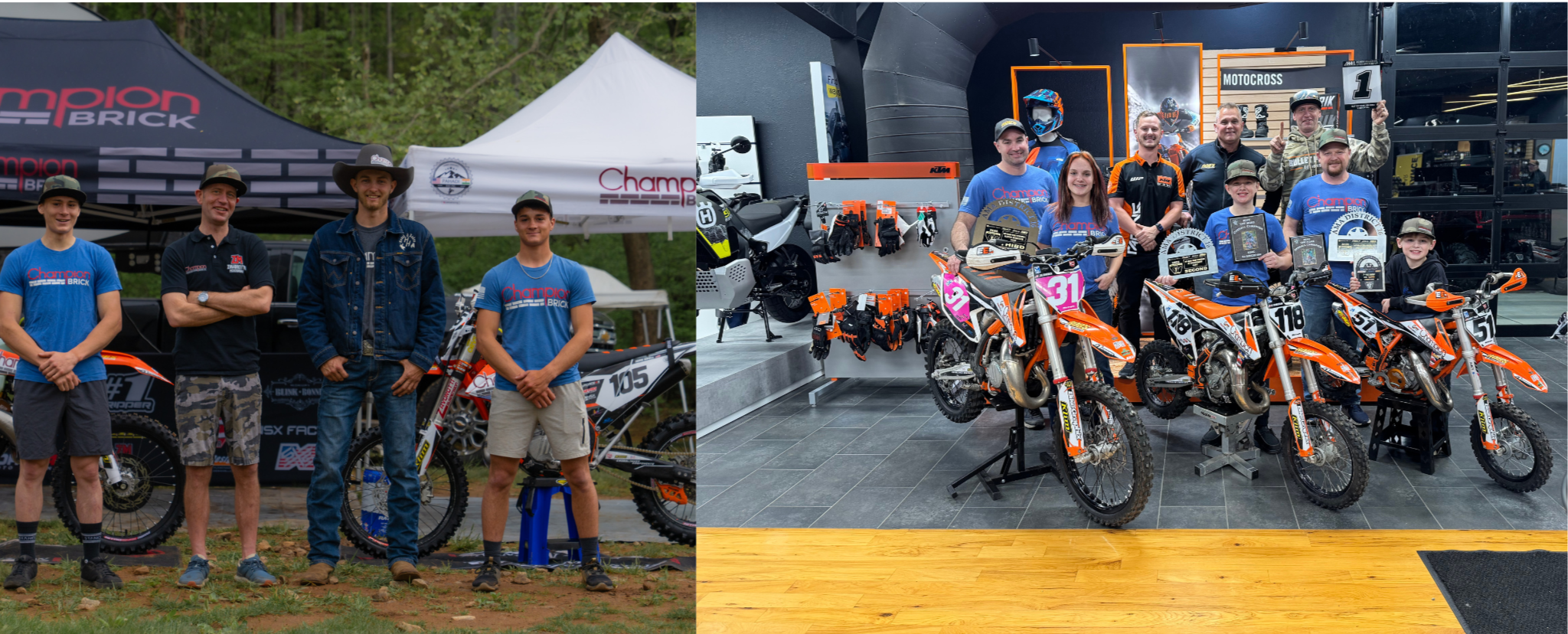 Group of people at a motocross event with dirt bikes and prize awards, smiling for a photo.