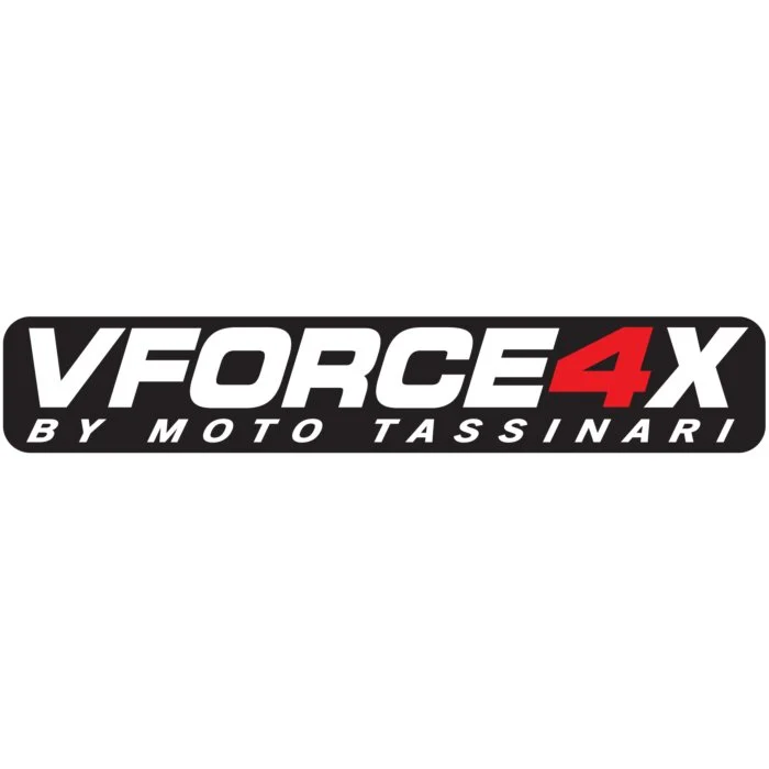 VForce4X logo with black background, white and red text, by Moto Tassinari.