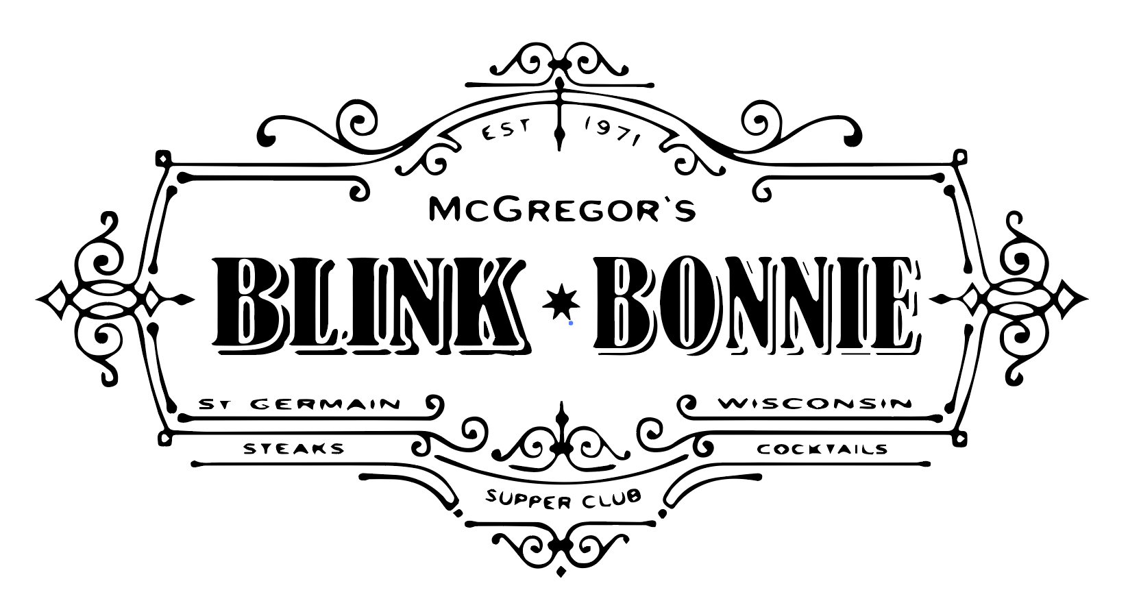 Vintage-style logo for McGregor's Black Bonnet, a supper club in Wisconsin, featuring ornate borders, floral designs, and text indicating offerings like stews, steaks, cocktails, and the founding year 1971.