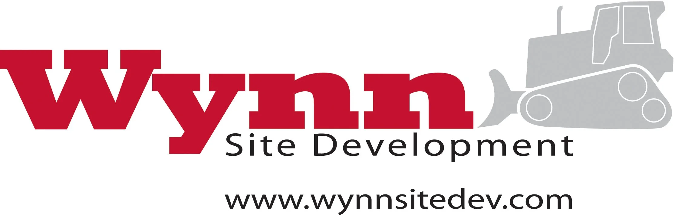 Logo for Wynns Site Development with large red text 'wynn' and a gray bulldozer graphic to the right, black text 'Site Development' underneath, and the website URL www.wynnsitedev.com at the bottom.