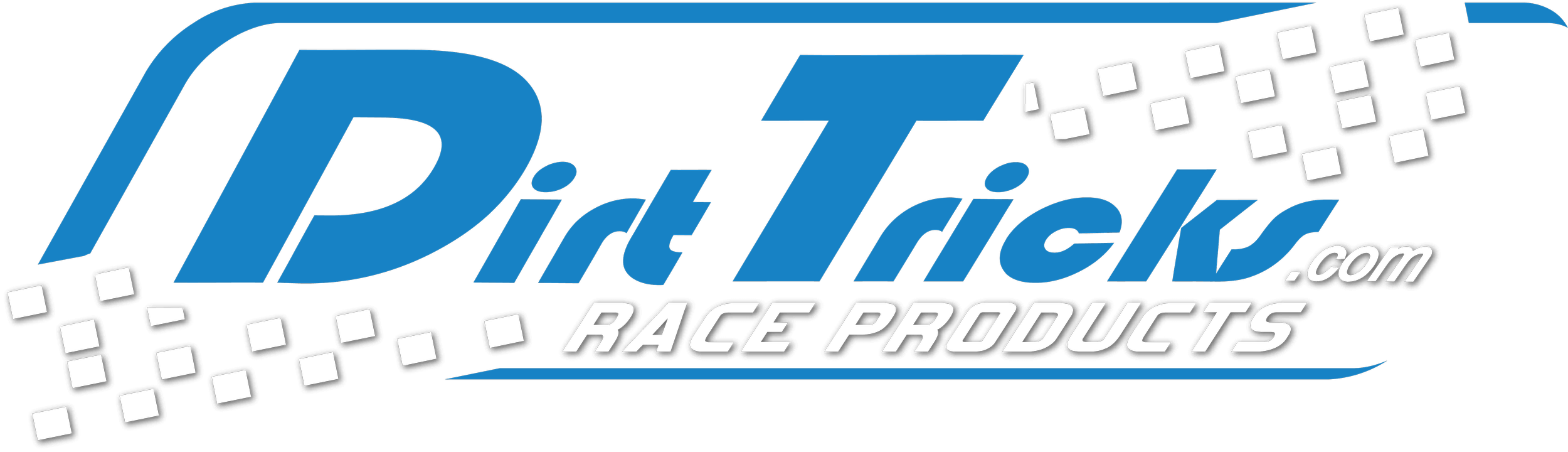 Logo for DPTickits Race Products featuring bold blue and white text, checkered racing stripes, and a black background.