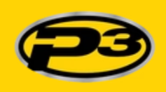 Logo of P3 with black text inside a yellow oval background.