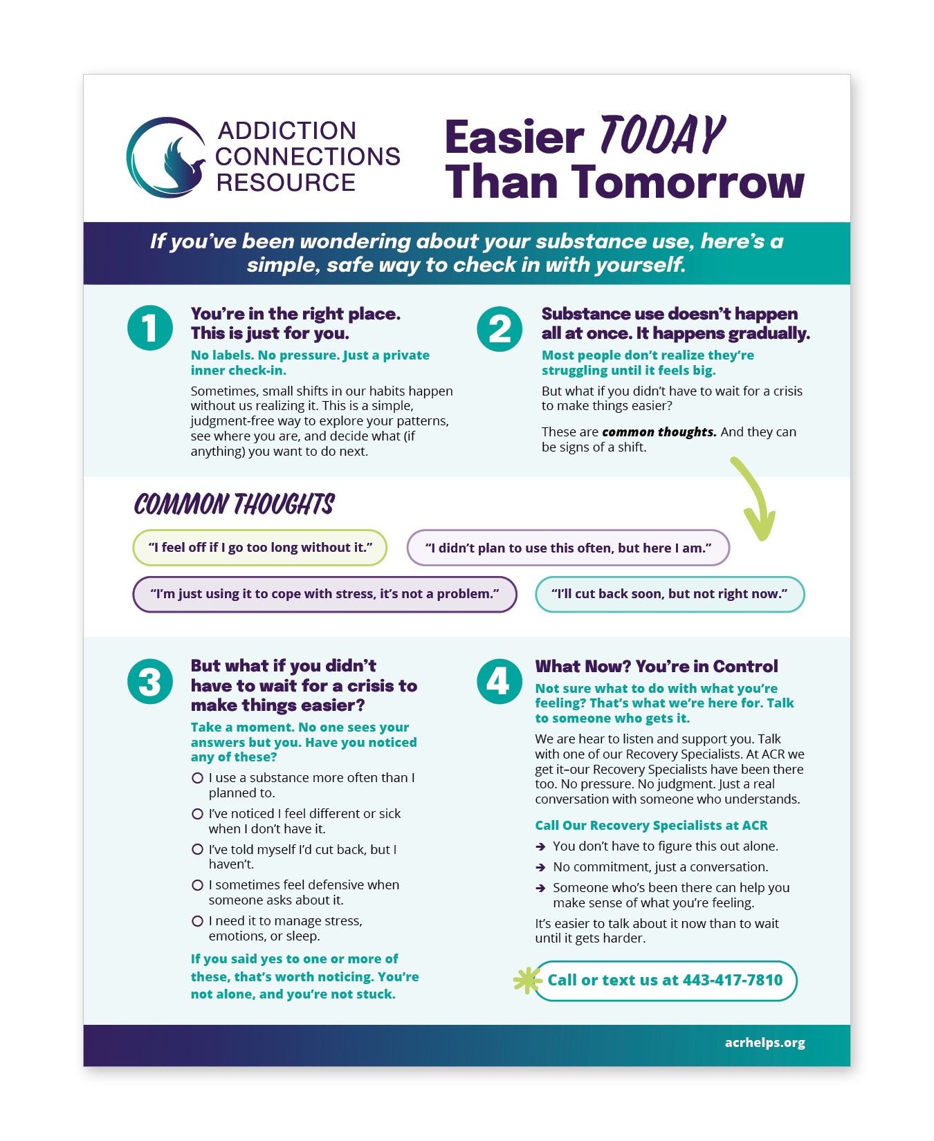 A detailed informational poster from Addiction Connections Resource with guidance on managing substance use and mental health. The poster includes numbered sections with tips, common thoughts, and encouragements, and highlights a helpline number at the bottom.