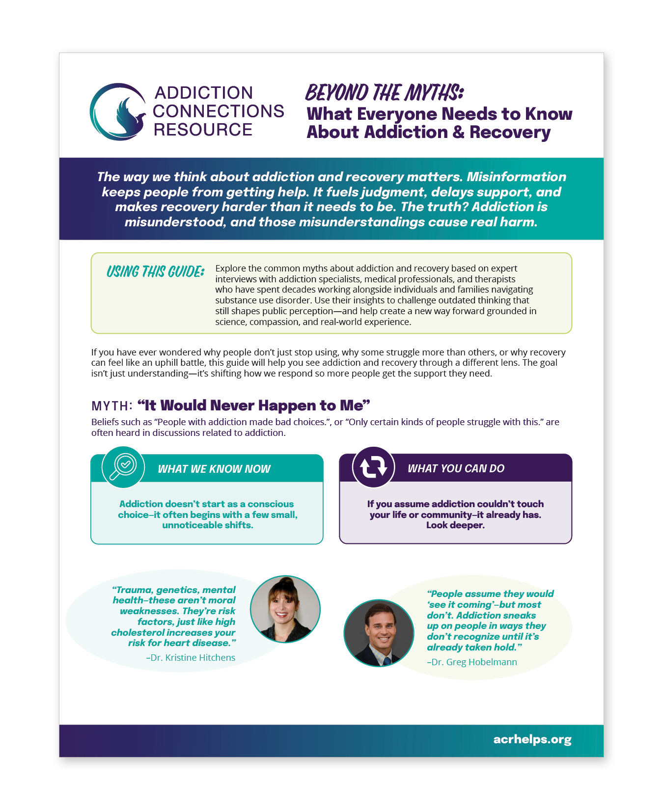 An educational infographic about addiction and recovery with sections on myths, facts, and expert quotes, featuring a logo of a winged figure at the top left corner.