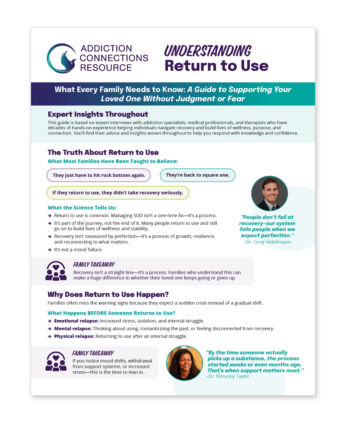An informational infographic about understanding and supporting return to use in addiction recovery. It includes sections on expert insights, common myths, scientific facts, and family strategies, with photos of experts and quotes.