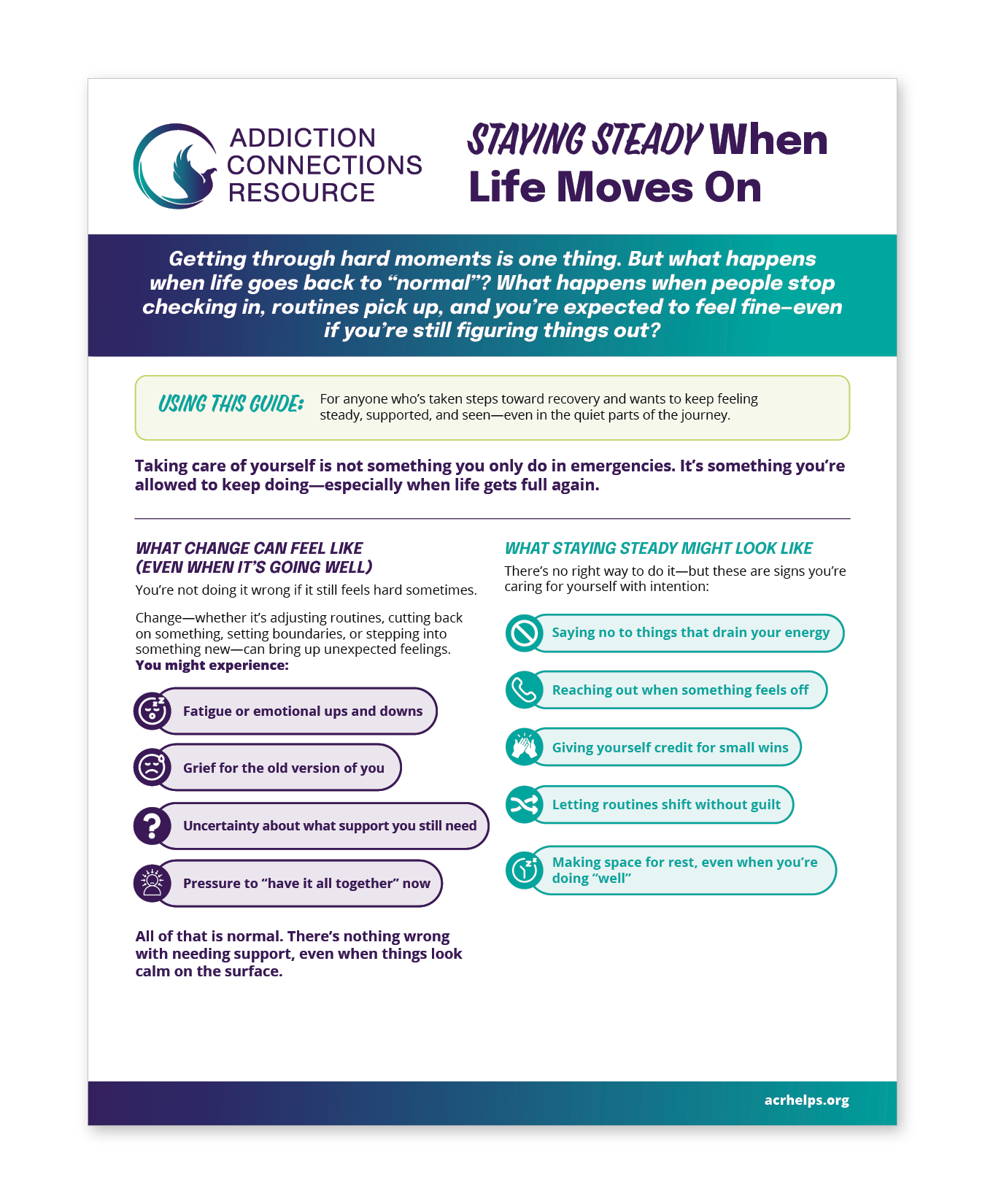 A guide titled "Staying Steady When Life Moves On" by Addiction Connections Resource. It discusses maintaining stability through change, signs of emotional distress, and signs of self-care with tips such as saying no to draining things, reaching out, giving credit, letting routines shift, and making space for rest.