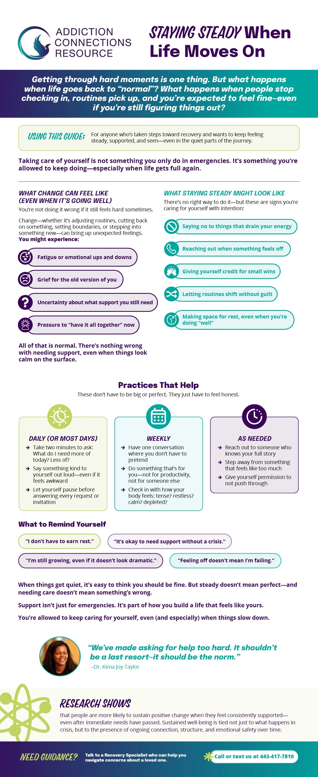 Infographic titled 'Staying Steady When Life Moves On' from Addiction Connections Resource, with sections about coping during difficult times, signs of resourcefulness, helpful practices, and research on support's benefits, including quotes and icons.