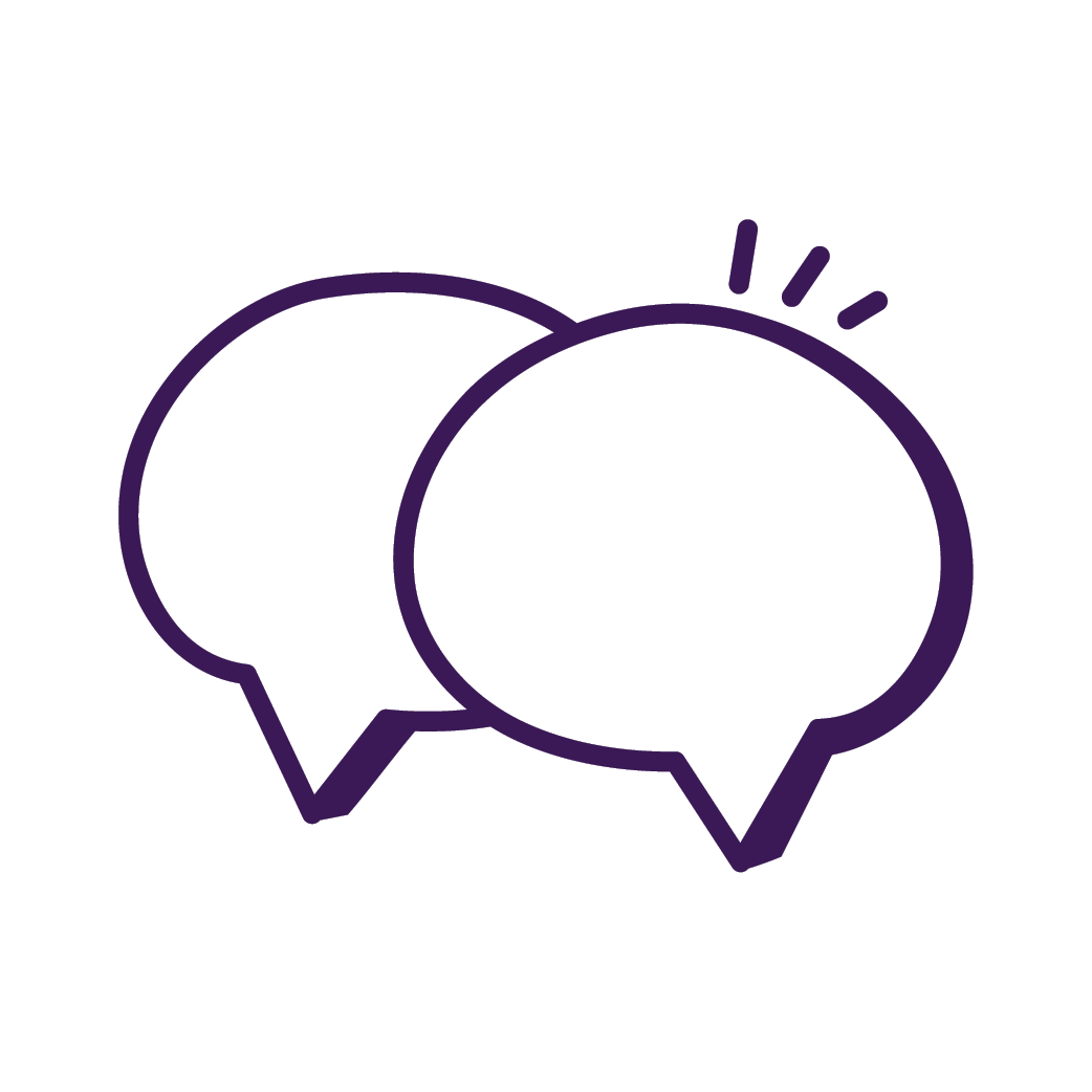 Two overlapping speech bubbles, one with three lines indicating speech or emphasis, on a white background with a gray circle outline.
