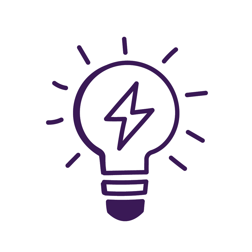 Icon of a light bulb with a lightning bolt inside, surrounded by radiating lines indicating bright ideas or energy.