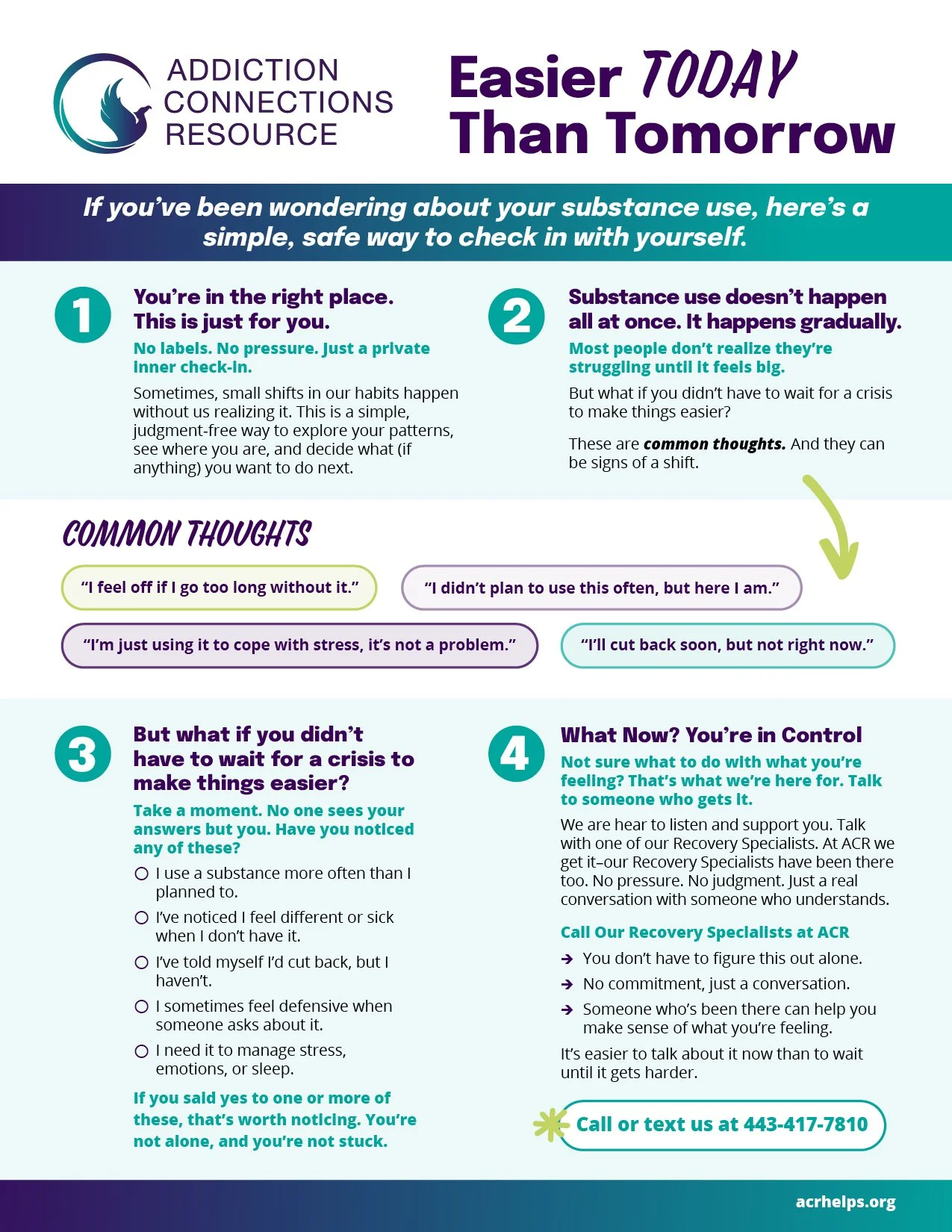 A health informational flyer from Addiction Connections Resource titled 'Easier Today Than Tomorrow.' It provides tips and common thoughts about substance use, encouraging self-check-ins and seeking support, with a contact number at the bottom.