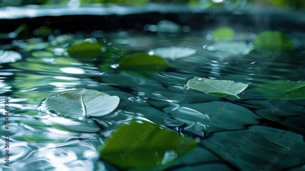 Close-up of green lily pads floating on a calm water surface.
