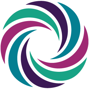 A colorful spiral pattern composed of alternating teal, purple, and dark blue curved shapes forming a vortex.