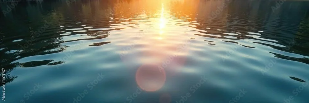 Sunset over a calm lake with reflections on the water's surface.