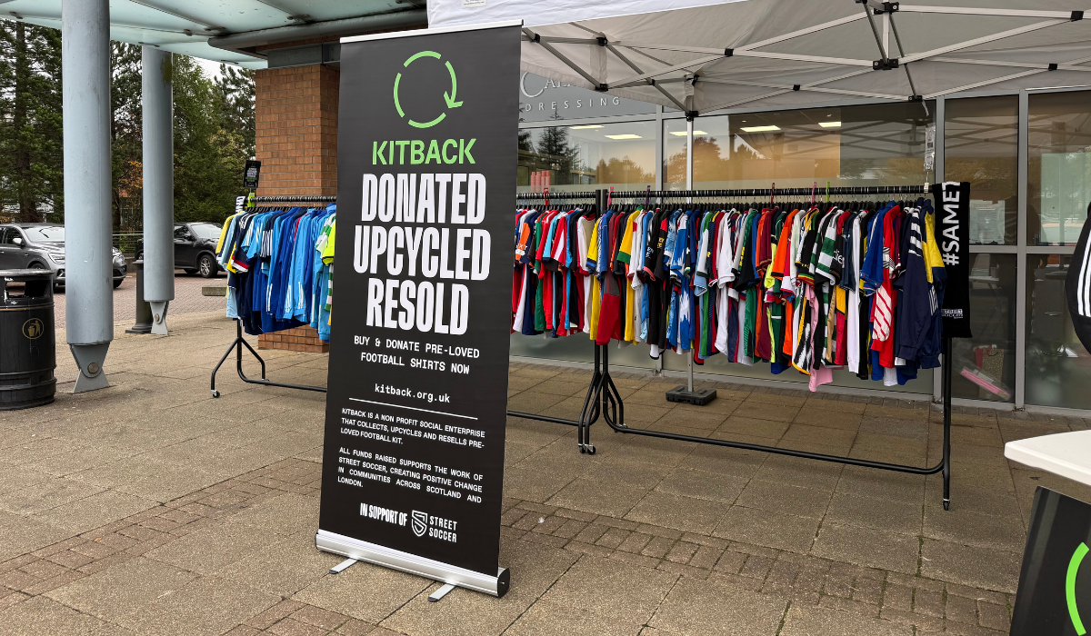 Kitback pop-up shop at Avondale Retail Parade, featuring vintage football shirts for sale and donation.
