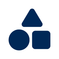 Simple graphic of three dark blue geometric shapes: a triangle, a circle, and a square, arranged in a cluster.