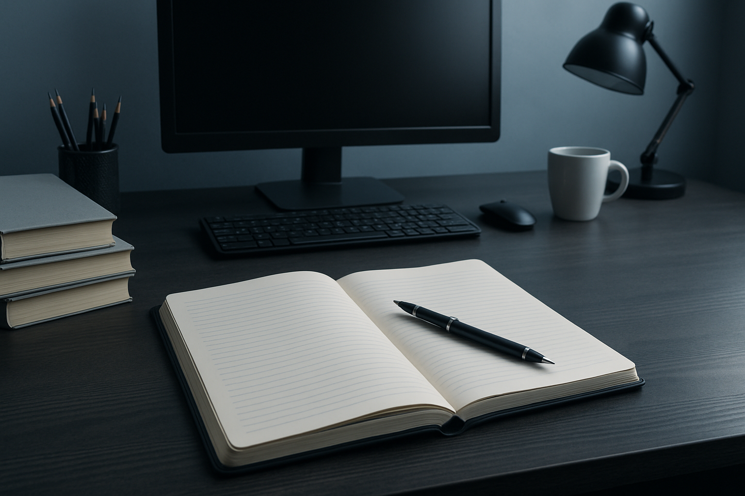 Open blank notebook with a pen on a dark office desk, surrounded by stacked books, a computer monitor, keyboard, mouse, a white mug, a desk lamp, and a container with pencils.