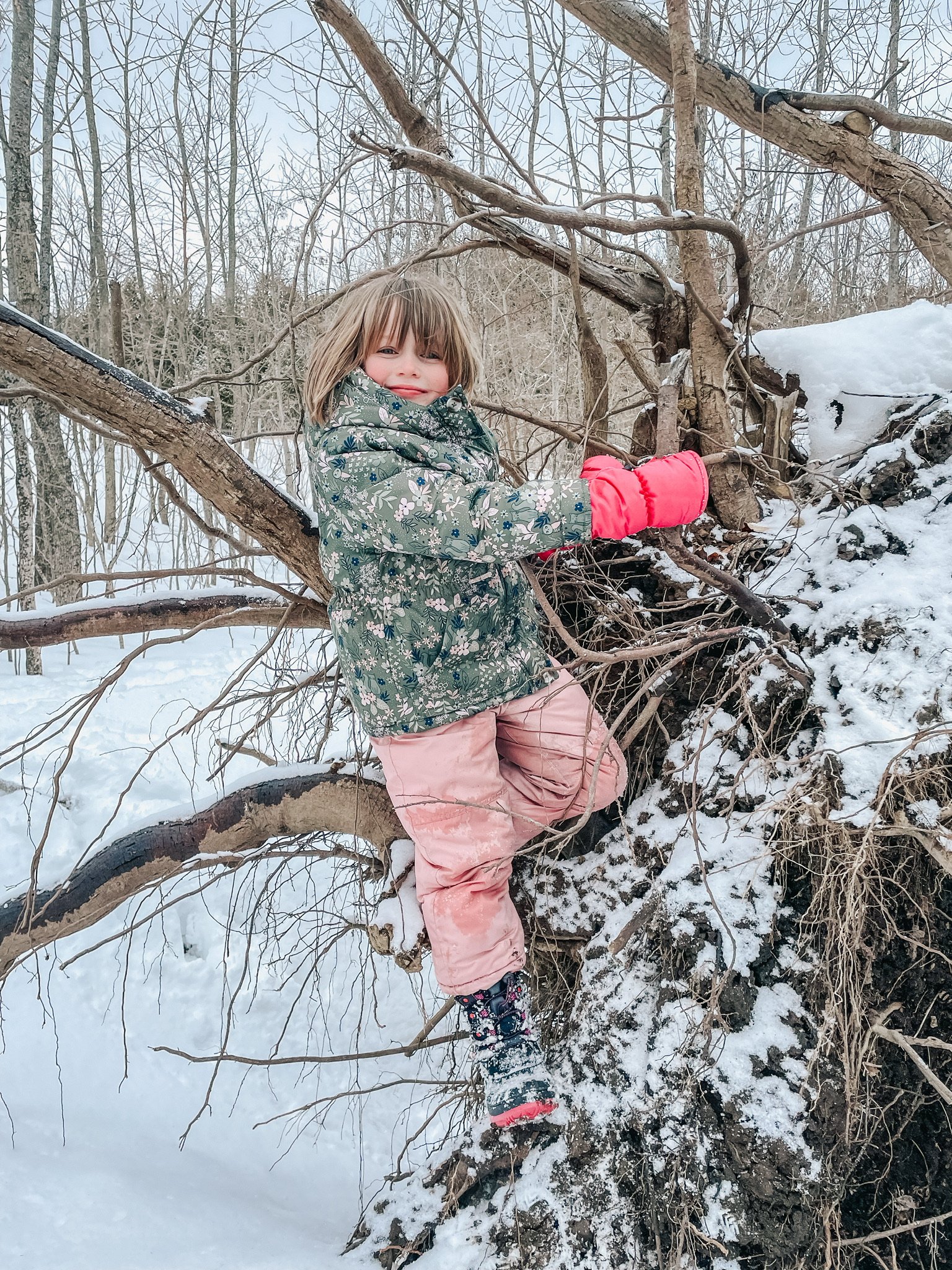 Young girl with light brown hair playing on a snow-covered fallen tree in a winter forest, wearing a floral jacket, pink pants, and red gloves.