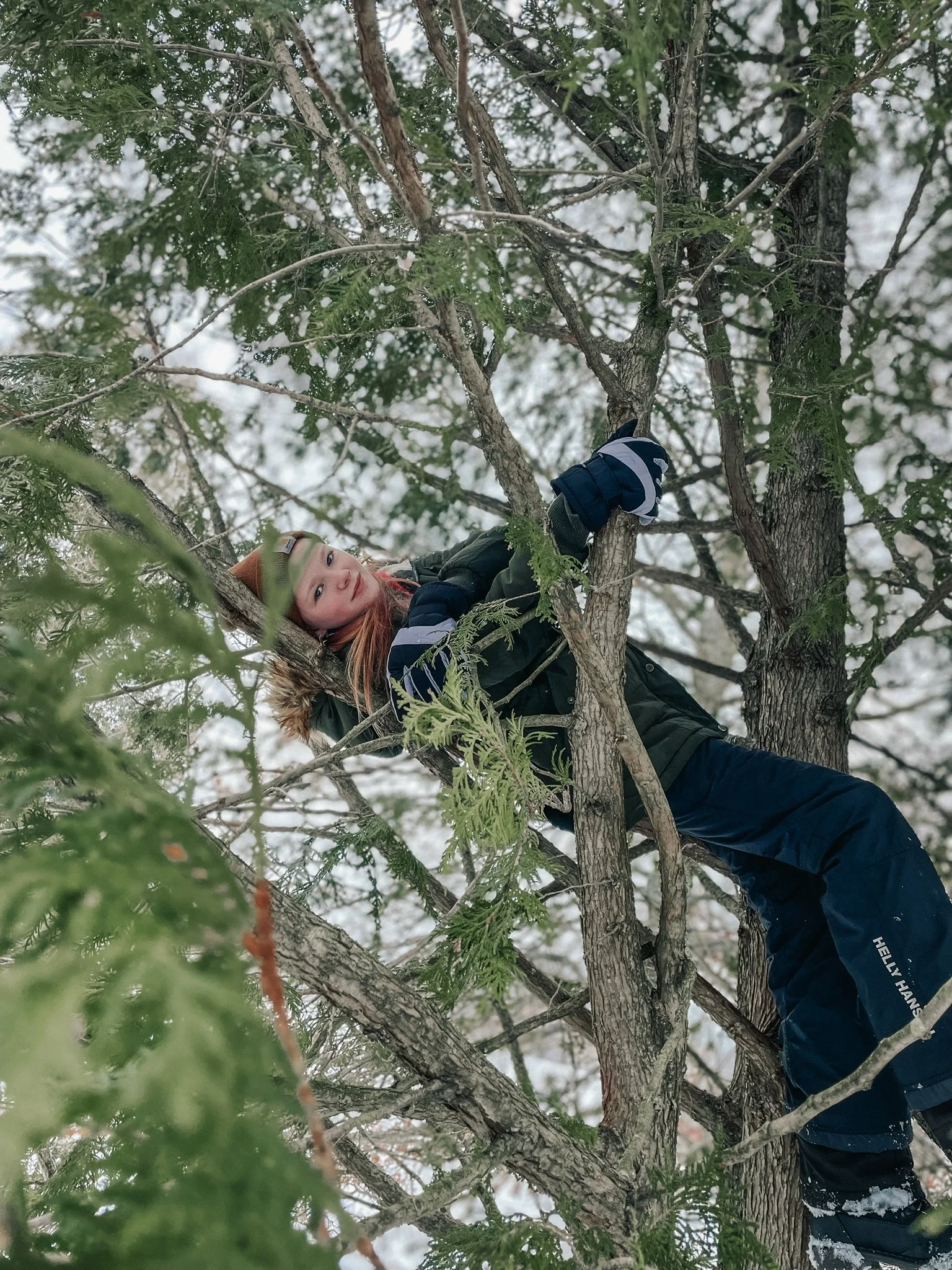Young girl with red hair wearing winter gear climbing a tree in a snowy forest.