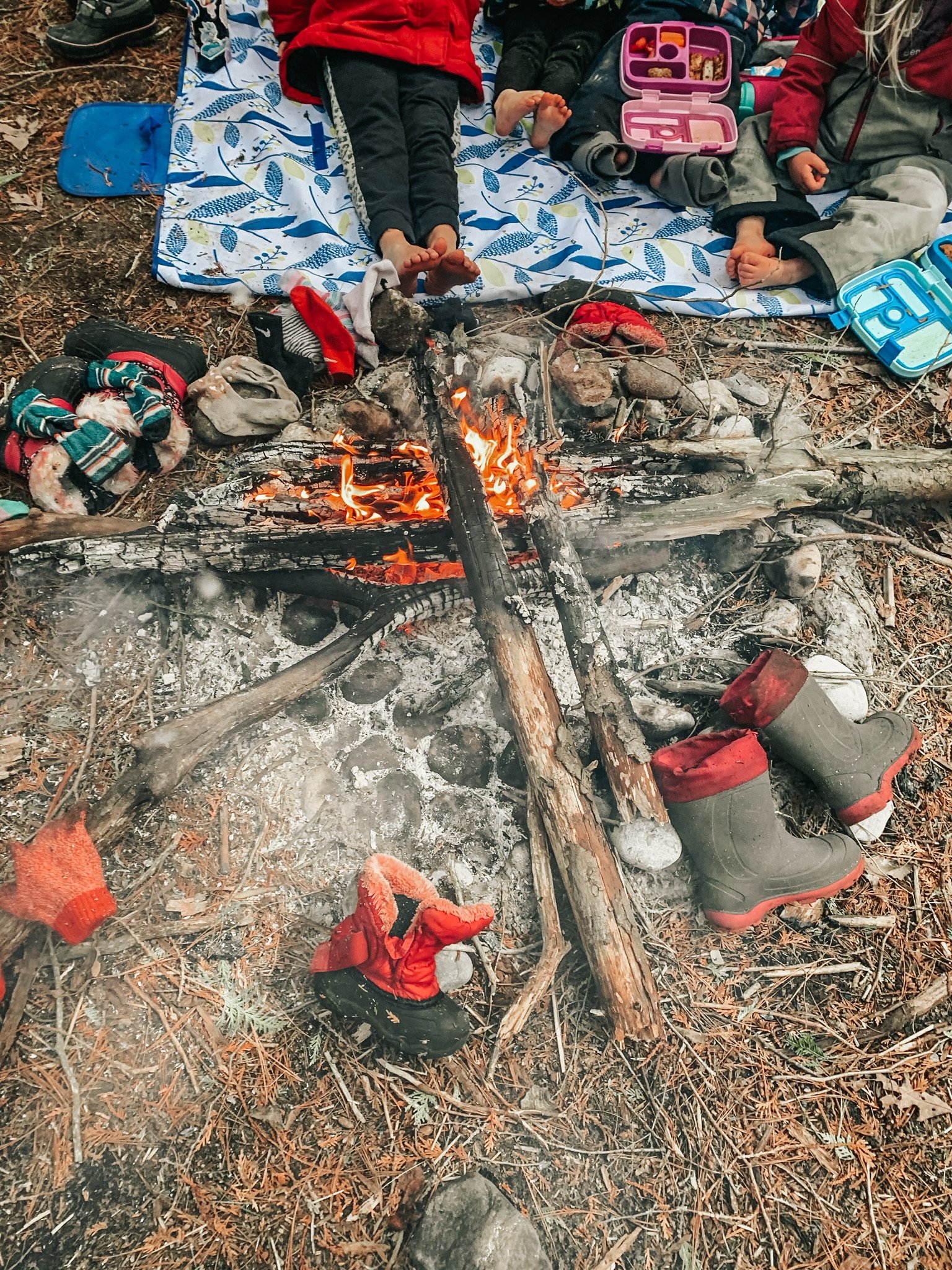 Children sitting around a campfire on the ground in a forested area, with roasted food in lunch boxes and with children's boots and gloves nearby.