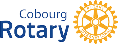 Logo of Cobourg Rotary featuring a gear symbol and the name in blue and gold colors.