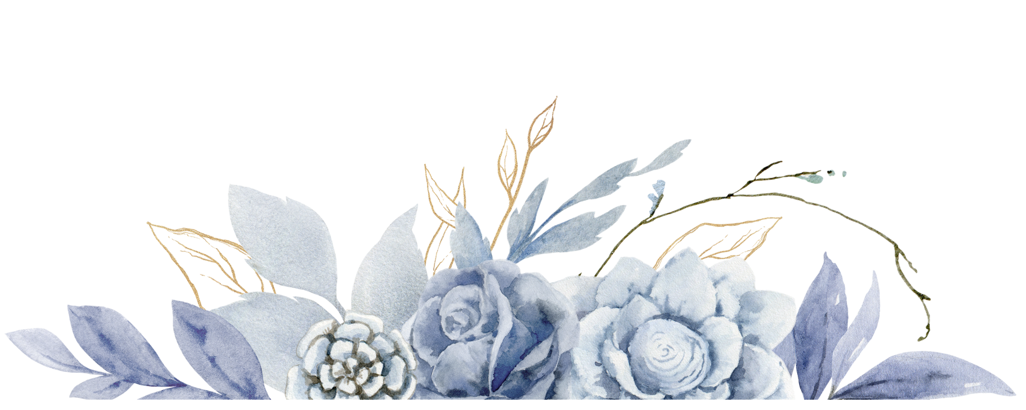 Watercolor bouquet of roses, pinecones, and leaves in shades of blue and silver.