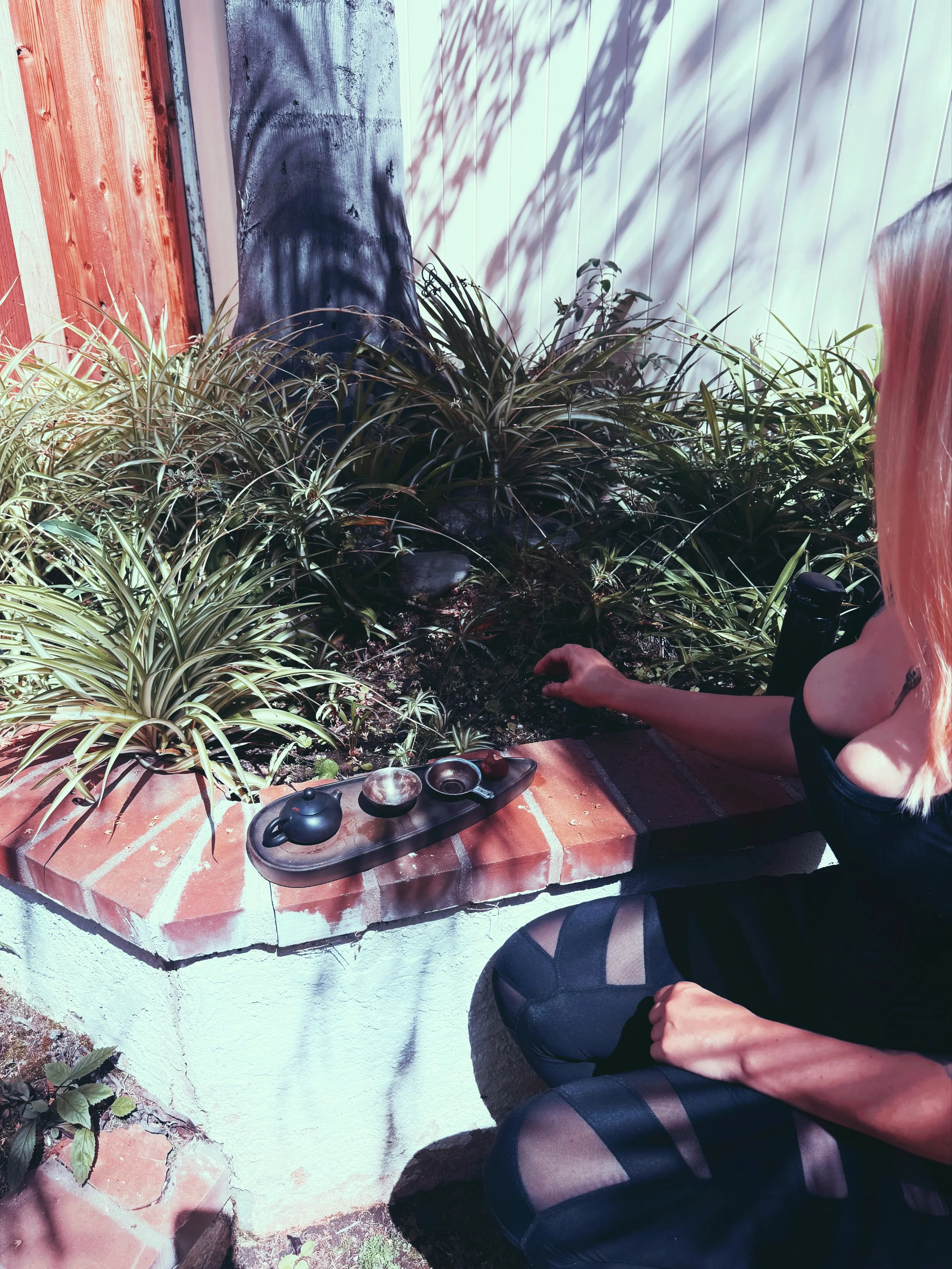 Professional Dominatrix Goddess Hecate sits outdoors in the California sun next to a brick planter filled with plants. She is doing a Gongfu Tea ceremony.