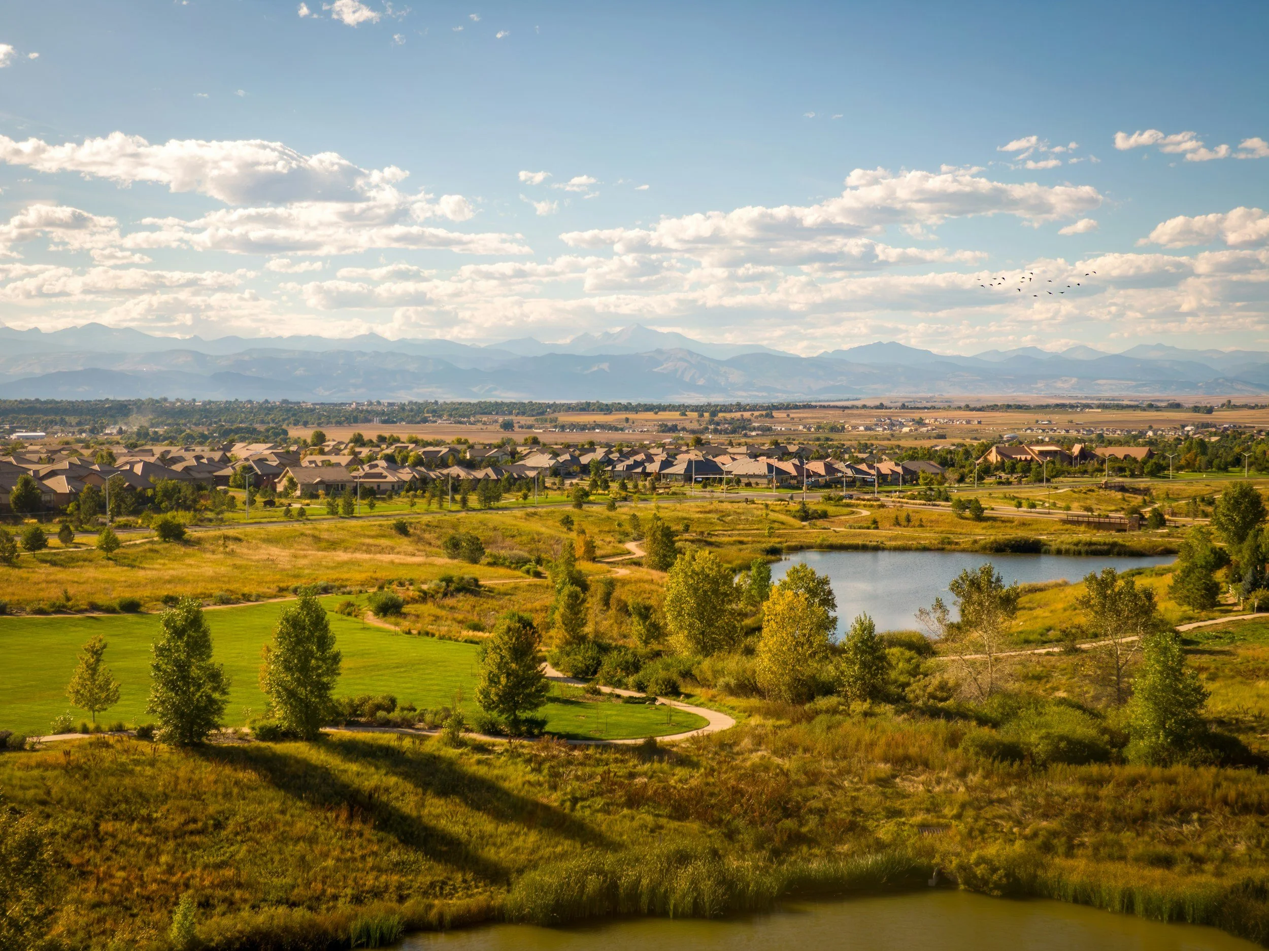 A wide view of the Denver front range with houses, trees, and a small pond in the foreground. In the background, there are mountains under a partly cloudy sky, with a flock of birds flying.