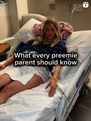 A preemie mother lying in a NICU hospital bed with the text 'What every preemie parent should know' overlaid on the image.