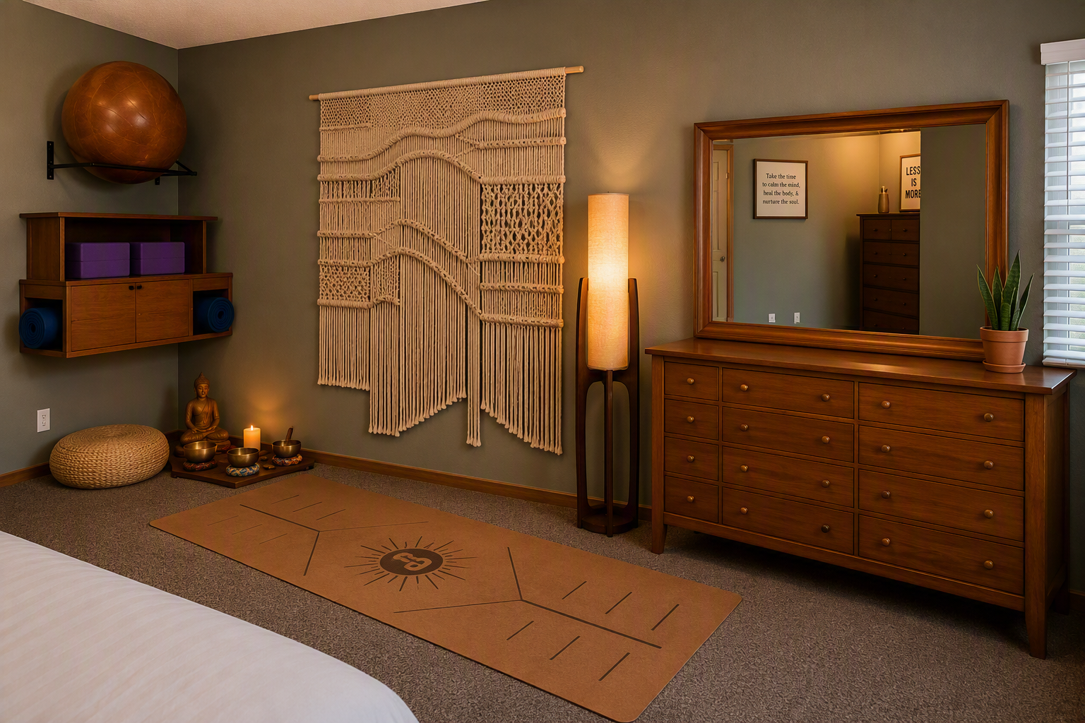 A cozy bedroom corner with a large dresser with a mirror, a potted plant, a floor lamp, a woven wall hanging, a meditation area with bowls and candles, a yoga mat, and a shelf with exercise mats and a large exercise ball.