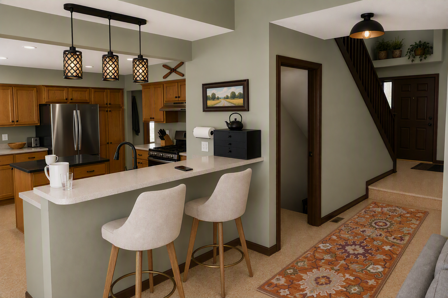 Interior view of a kitchen with wooden cabinets, stainless steel refrigerator, black countertops, and a white breakfast bar with beige chairs. There is a hanging light fixture above and a painting on the wall. A doorway leads to a hallway with a staircase and front door.