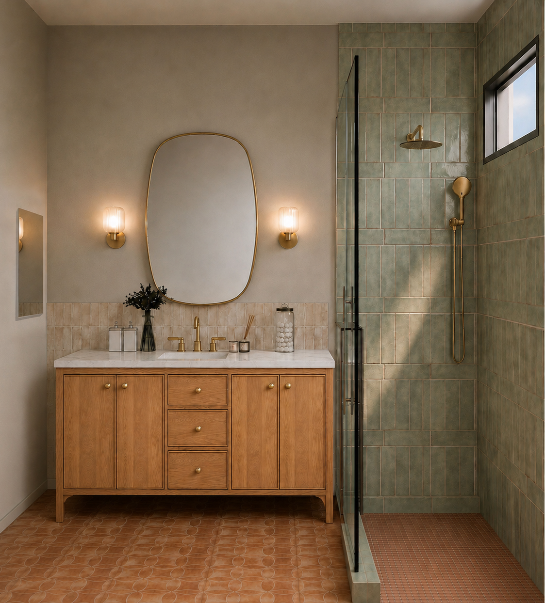 Bathroom with a wooden vanity, a marble countertop, and a large mirror. Green tiled shower area with a window, gold fixtures, and a glass partition.