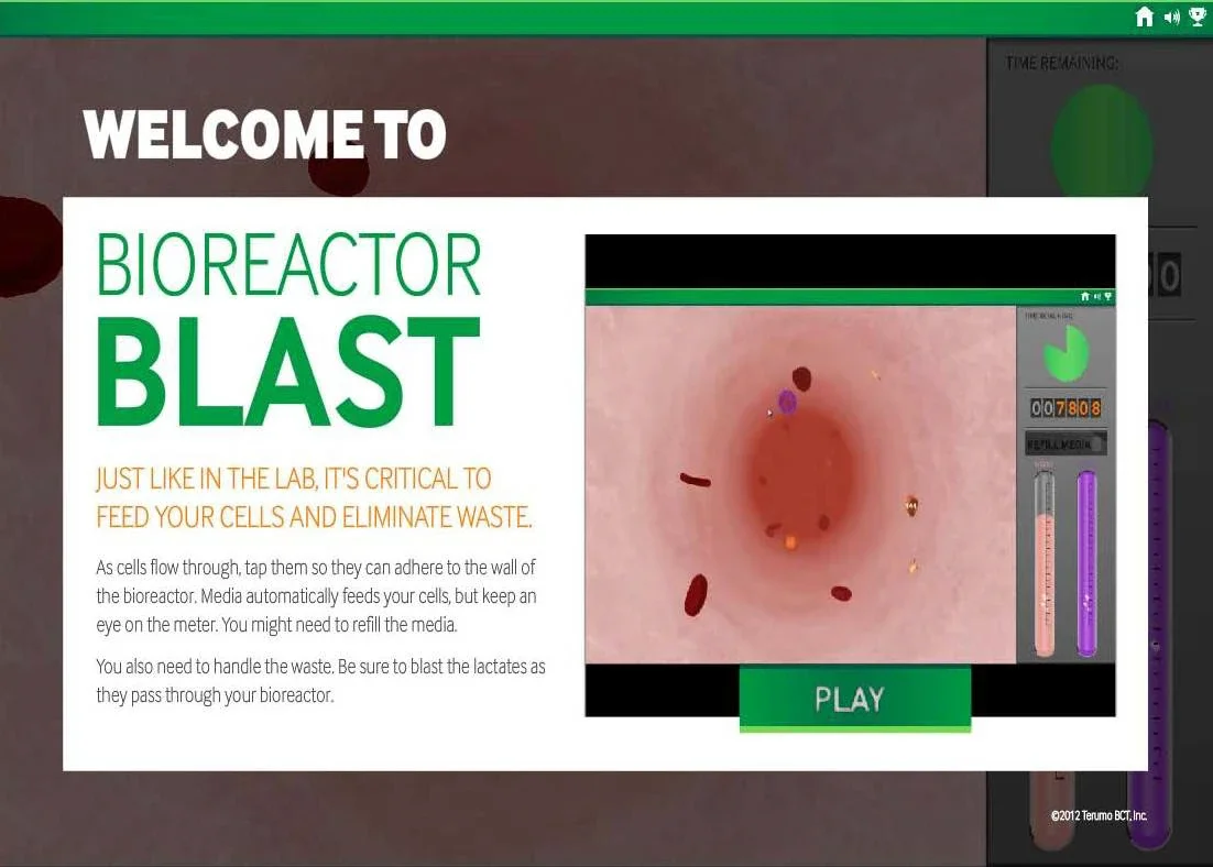 Screenshot of a virtual laboratory game called Bioreactor Blast that features a simulation of cells and waste removal. The screen displays a large white box with the game instructions and a play button, along with a colorful illustration of a cell, gauges, and meters.