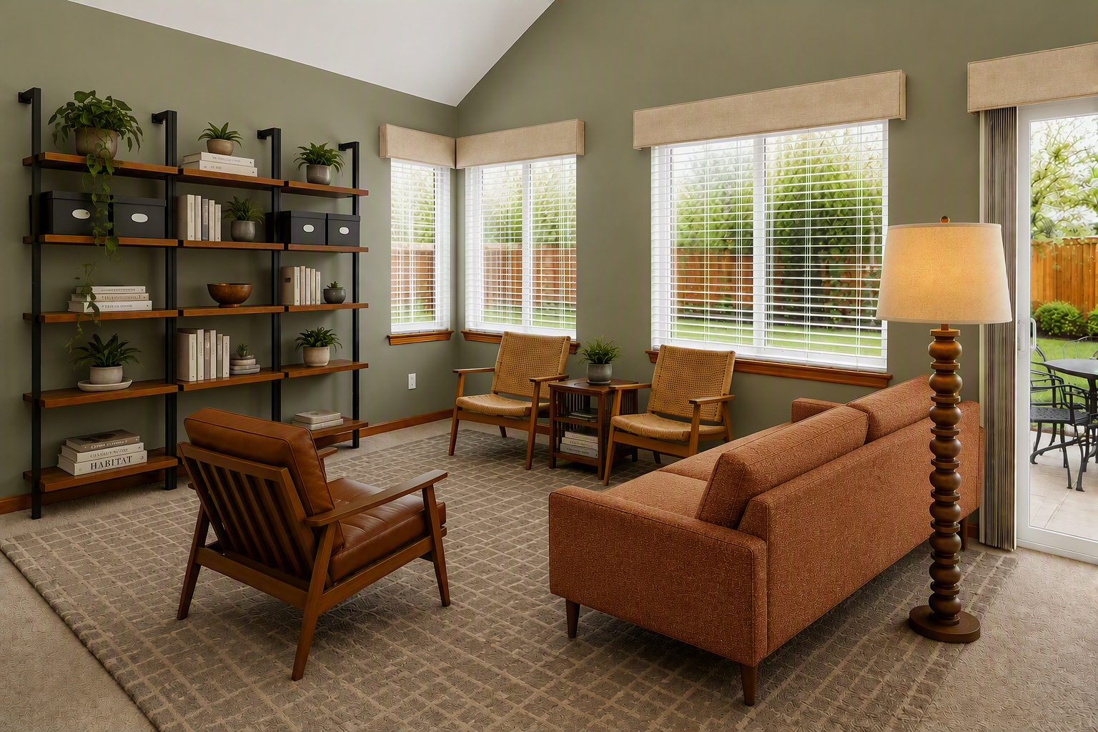 Living room with green walls, large windows with blinds, a pink sofa, a floor lamp, two wood chairs, a side table, and a black shelving unit with potted plants, books, and decorative boxes.