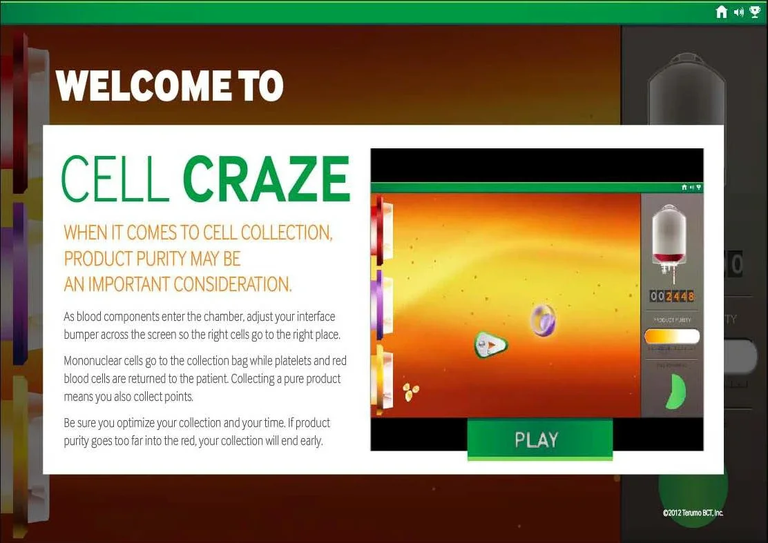 Screenshot of a digital game interface titled 'Cell Craze' with instructions on blood component collection and a play button.