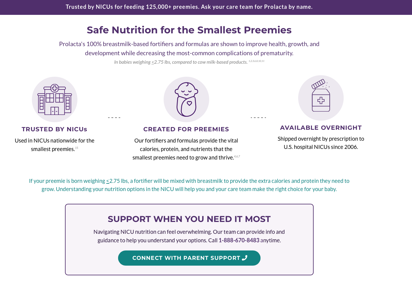 Information page about Prolacta's breastmilk-based fortifiers and formulas for preemies, featuring icons of a hospital, a baby, and a medicine bottle, with details on trusted NICU use, creation for preemies, overnight availability, and contact information for support.