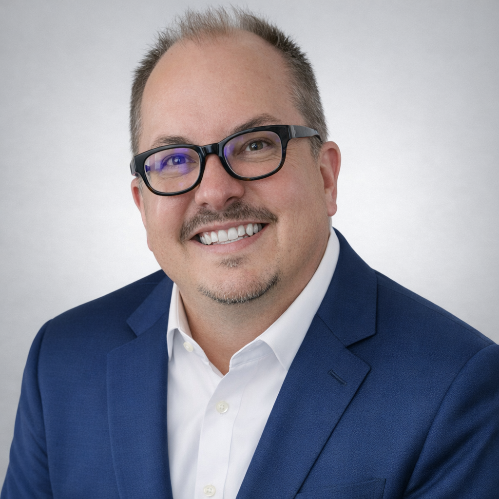 Portrait of a smiling man wearing glasses, a white shirt, and a blue suit against a plain light gray background.