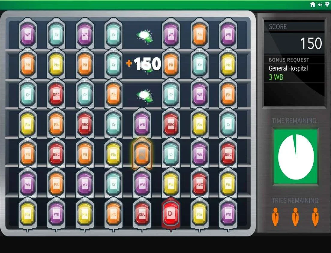 Screenshot of a custom created match-three puzzle game featuring colored medical test tube icons such as White Blood Cells, Calcium, Platelets, Creatinine, Red Blood Cells, and others.