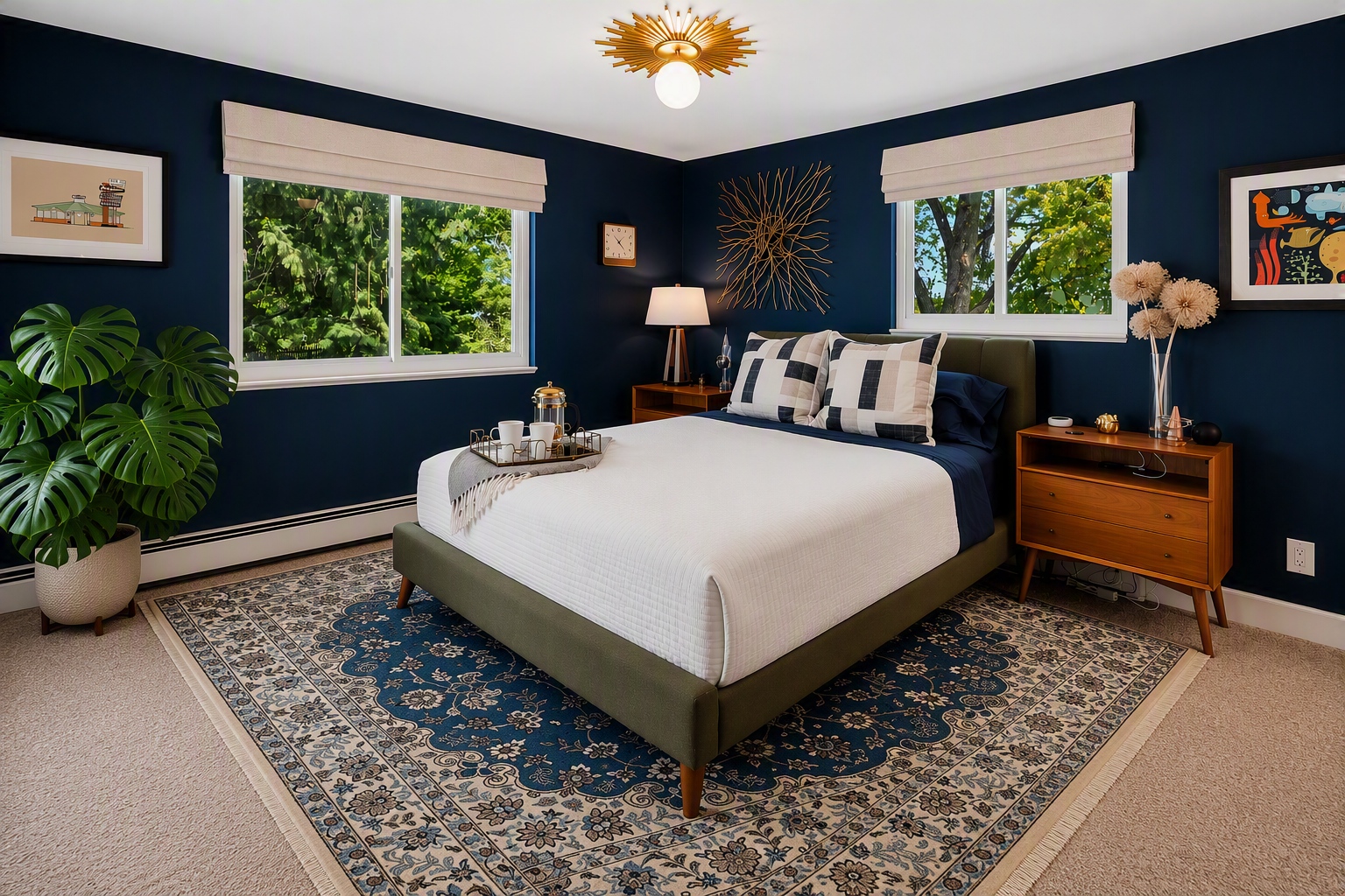Modern bedroom with dark blue walls, large windows showing green trees, a bed with green frame, white bedding, plaid pillows, wooden nightstands, decorative lamp, framed artwork, a large potted plant, and a patterned area rug.