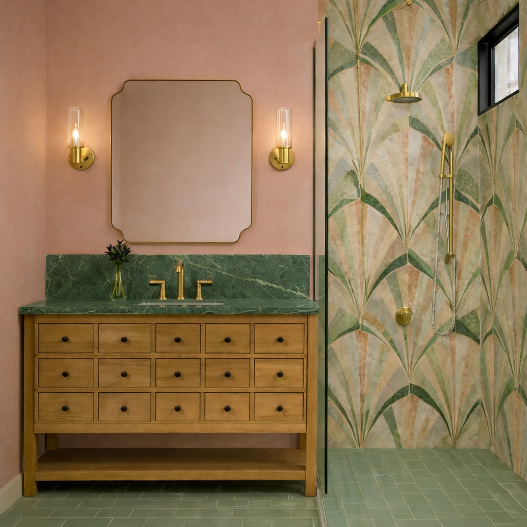 A bathroom with a pink wall, a wooden vanity with a green marble countertop, and brass fixtures. There is a mirror above the vanity, two wall-mounted brass lights, a small vase with flowers, and a shower area with a brass showerhead and a tropical leaf patterned wallpaper.