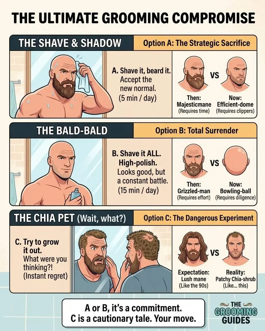 "The Ultimate Grooming Compromise" showing three men's hair options: Option A (Shave & Shadow), Option B (The Bald-Bald), and Option C (The Chia Pet).