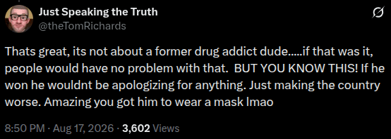 A social media post on X by @theTomRichards criticizing Brett Lauderdale's defense of Drake Wuertz's GCW return.