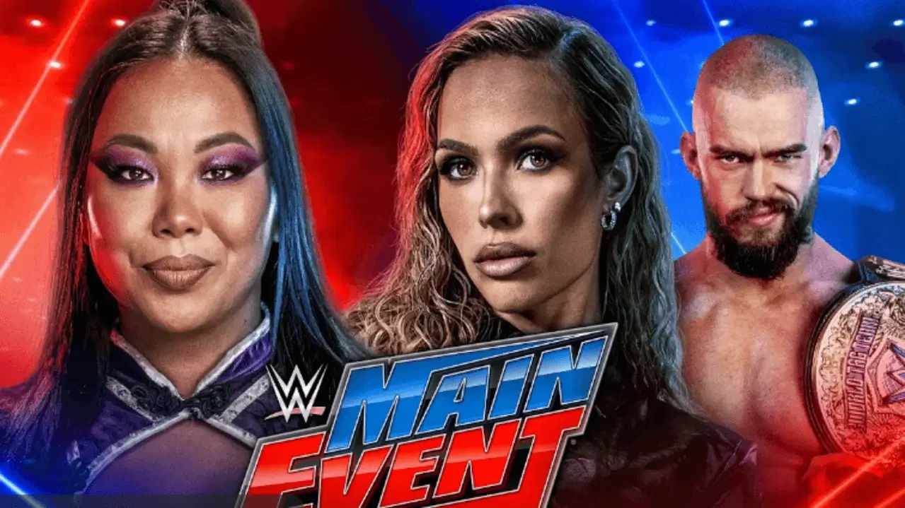 WWE Main Event promotional graphic featuring Michin, Maxxine Dupri, and Austin Theory with the WWE Main Event logo.